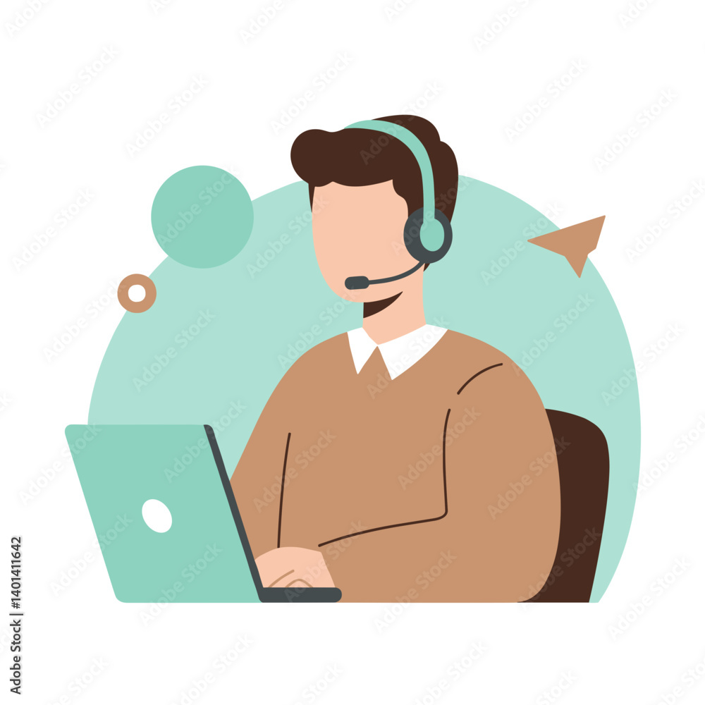 Poster remote worker using a headset while typing on a laptop