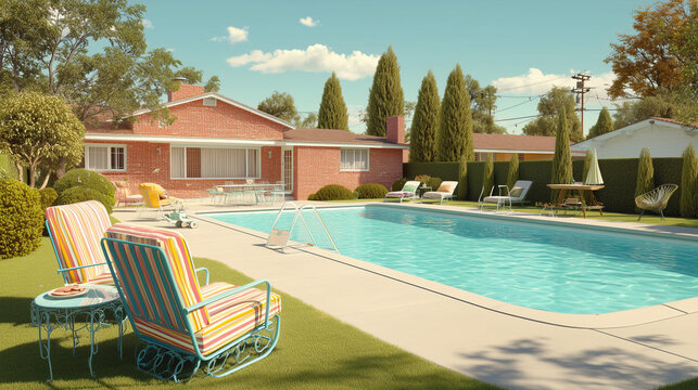 Ext&eacute;rieur d'une maison am&eacute;ricaine des ann&eacute;es 1970 avec piscine r&eacute;tro et jardin d'&eacute;t&eacute;
