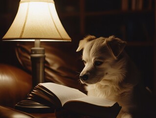 An adorable dog sits under a lamp, its gaze fixed on the pages of an open book, as if deeply engrossed in reading.
