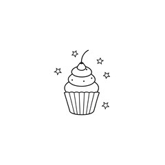 cupcake topped with cherry and colorful stars on creamy frosting, one line art on white background