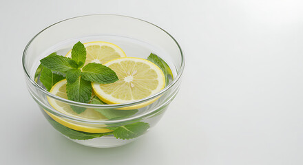 A bowl of detox water with lemon slices and mint leaves, placed on a white surface.

