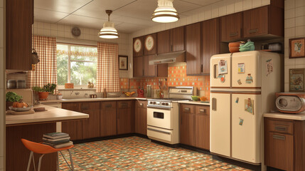 Cuisine am&eacute;ricaine r&eacute;tro des ann&eacute;es 1970 avec &eacute;lectrom&eacute;nager vintage et carrelage color&eacute;