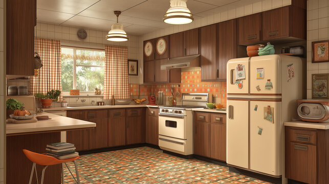 Cuisine am&eacute;ricaine r&eacute;tro des ann&eacute;es 1970 avec &eacute;lectrom&eacute;nager vintage et carrelage color&eacute;