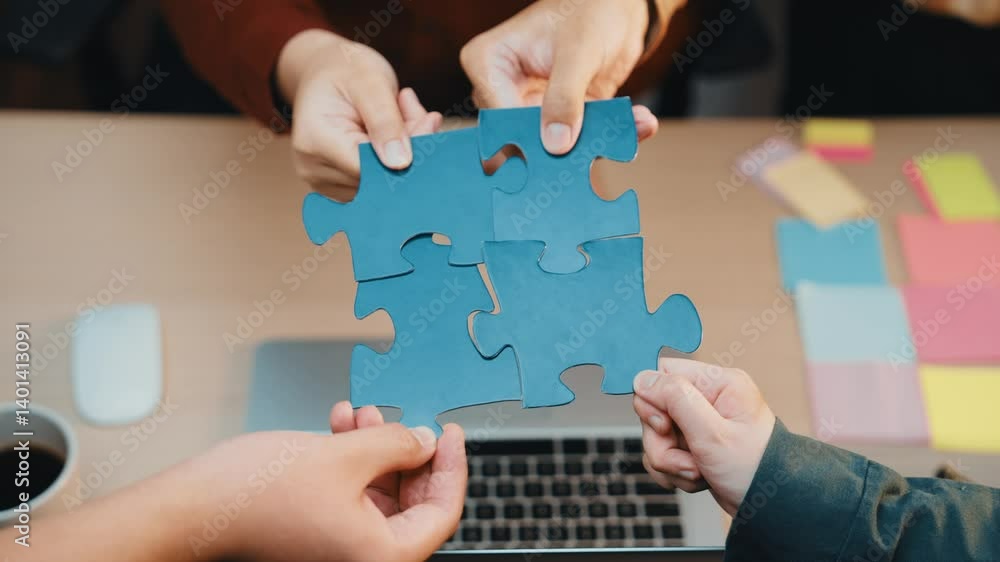 Aufkleber two hands connect vibrant puzzle pieces on a table with a laptop and colorful sticky notes, symboliz