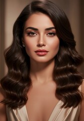 Fototapeta premium Stunning Portrait of a Woman with Long, Wavy Brown Hair and Soft Makeup