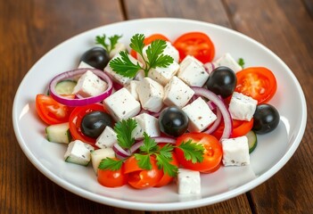 Greek Salad with feta cheese and fresh vegetables
