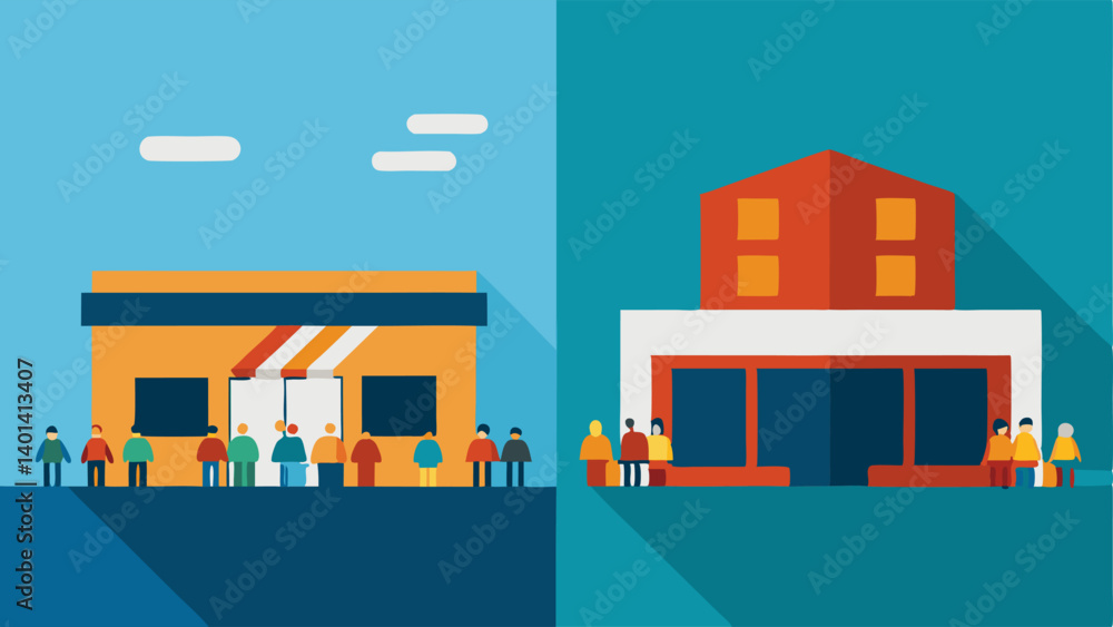 Aufkleber market size comparison a split showing a small local store packed with customers on one side and a l