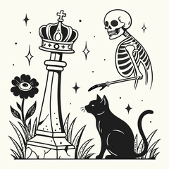 Gothic Halloween design elements for collage with photocopy halftone texture. Stippled grunge vintage effect on crown, statue, skeleton, eyes, cat, flower. Mystical surreal dotted vector illustration