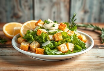 A delicious Caesar Salad on a rustic wooden background