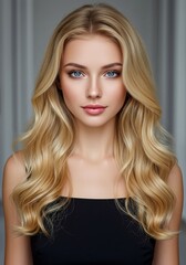 Fototapeta premium Stunning Blonde Woman with Long Wavy Hair and Blue Eyes A Captivating Portrait