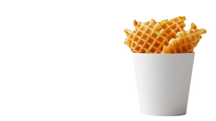 White paper cup with golden crispy waffle fries on a white background