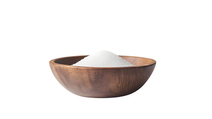 Wooden bowl with white sugar on a white background