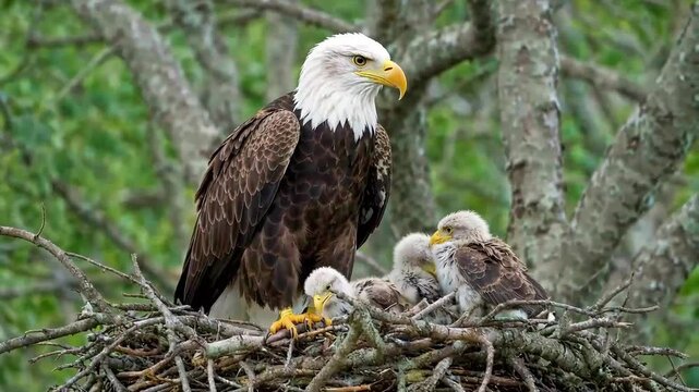 Bald Eagle Feeding Chicks in Tree Nest