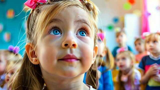 Child's daydreams in kindergarten: A lovely girl with bright blue eyes looks up with a cute expressions. Capturing a special child moment, evoking emotion
