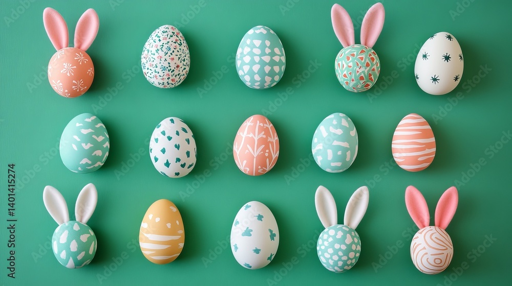 Poster arrangement of easter eggs with bunny ears and various patterns on a green background surface view