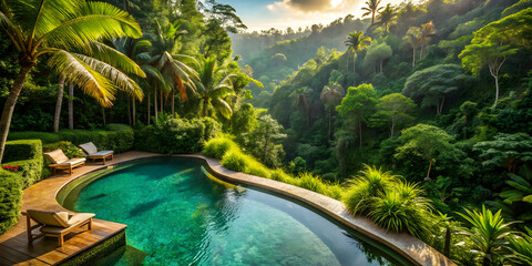 Jungle-view pool nestled in a tropical rainforest