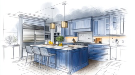 A stunning kitchen design featuring a blue color palette, blending a sketch and photo for a personalized touch, with room for text