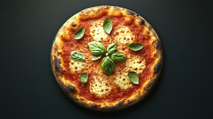 Overhead shot of a margherita pizza with basil on a dark background