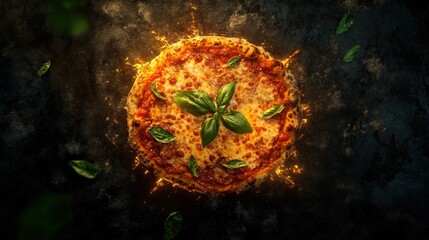 A delicious pizza with basil leaves on a dark background with sparks