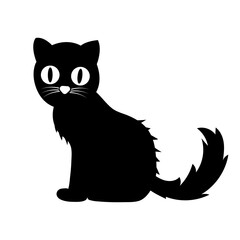 Black cat with large eyes sitting against a white background