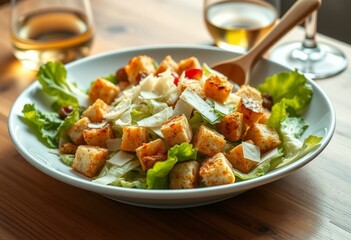 Fresh greens, savory croutons, and melted cheese on a plate