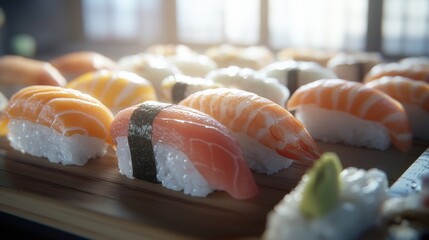 Close up shot of assorted sushi pieces on a wooden serving platter