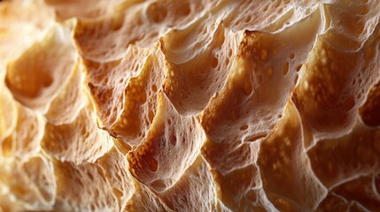 A close up view of a freshly baked bread crust with light and shadows