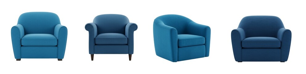 Set Or Collection Of Blue Color Armchair isolated on transparent background, Blue Sofa Cutout, PNG 