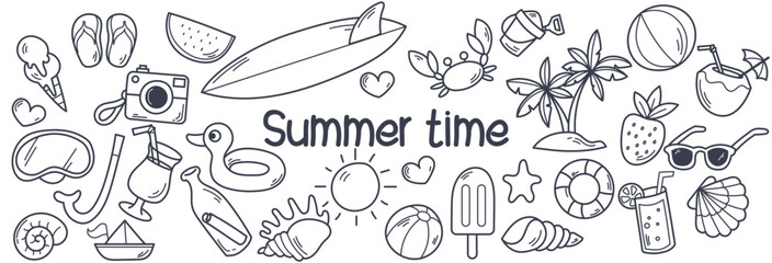 Obraz premium Summer time set hand drawn, doodle vector, tropical ocean collection paradise vacation beach