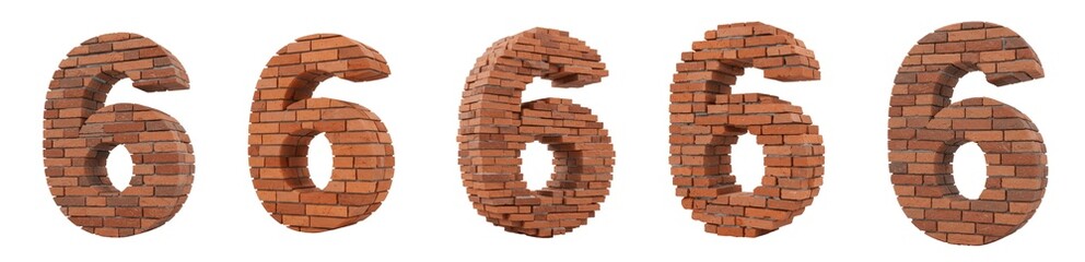 Set Of Number 6 Six Made Of Wall Bricks Isolated on transparent background, PNG 