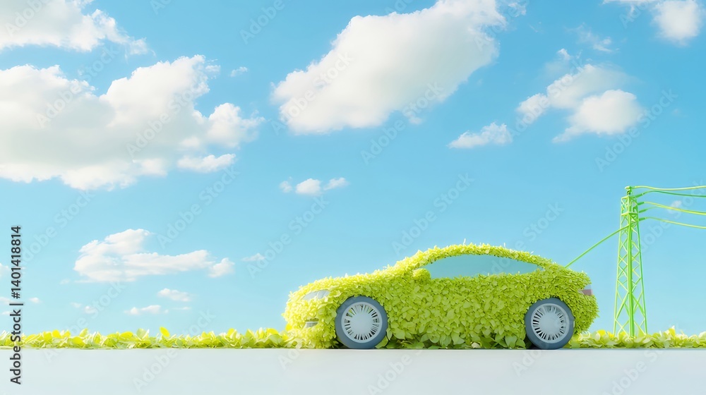 Aufkleber 緑色の草で覆われた電気自動車が青空の下で充電される様子 未来のクリーンエネルギー輸送コンセプト