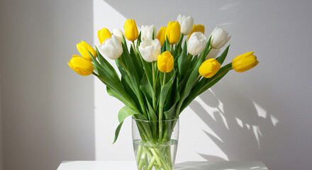 Modern Minimalist Easter bouquet of yellow and white tulips in a clear vase with soft shadows