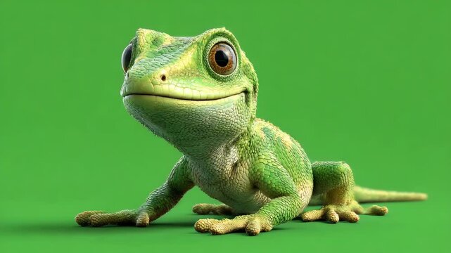 A vibrant green lizard with large eyes resting on a bright green background, showcasing its unique features