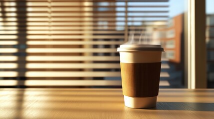 A steaming cup of coffee on a table near a window with closed blinds