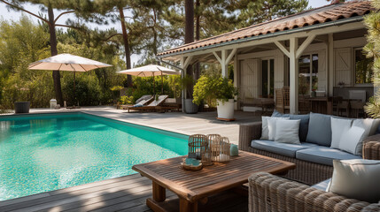 Terrasse ensoleillée avec piscine dans une maison côtière de style Arcachon