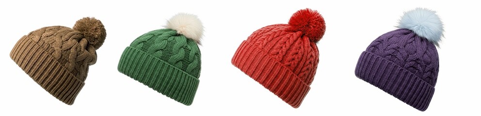 Set Of Winter Hat isolated on transparent background, colorful hats, beanie set, hat collection, transparent background, PNG image, knitted hats, cozy hats, wool hats