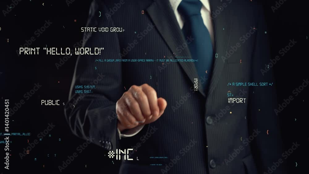 Poster businessman show hologram of programming coding allusive technology. virtual augmented reality gener
