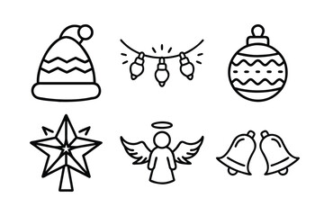 Christmas Elements Vector Line Drawing Set Isolated On A White Background