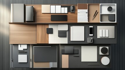 Aerial view of organized office supplies and stationery on shelves flat lay