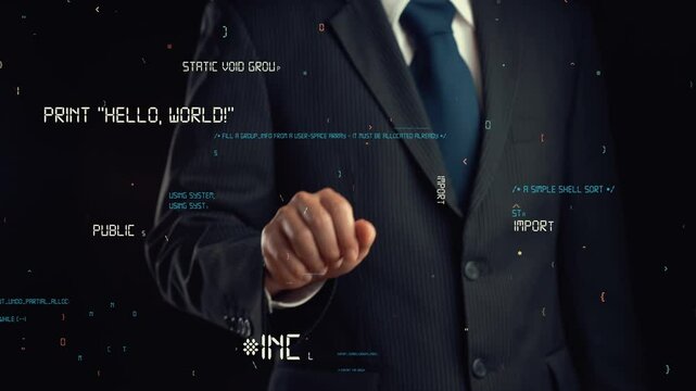 Businessman show hologram of programming coding allusive technology. Virtual augmented reality generated by 3D rendering motion graphic and animation to create futuristic HUD .