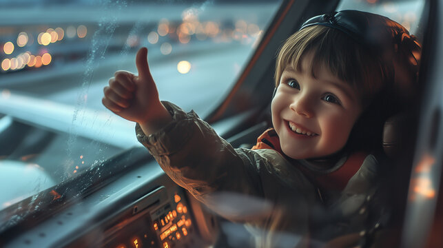 Enthusiastic child seated in an airplane cockpit at night, expressing excitement with a thumbs-up wearing headphones, surrounded by soft lighting and instrument panel. Image made using Generative AI.