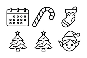 Christmas Elements Vector Line Drawing Set Isolated On A White Background