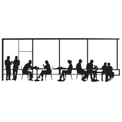 Black Silhouette of a Café or Restaurant Scene with People – Social Dining Illustration on White Background

