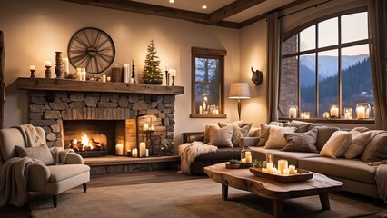 A cozy living room featuring a soft beige sofa with orange cushions, draped with a textured blanket