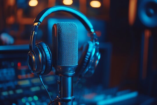 Audio recording studio with professional microphone and sound mixer. Sound recording equipment.