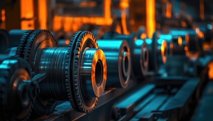 Fototapeta premium Metal parts on a conveyor belt in a factory with warm lighting.