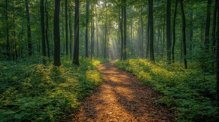 Obraz premium A serene forest path illuminated by soft sunlight filtering through the trees. The foliage is vibrant and lush, reflecting nature's beauty.