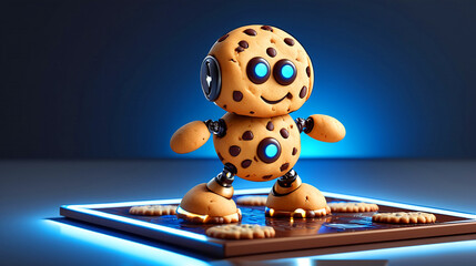Adorable cookie robot with glowing blue eyes stands on a chocolate-colored platform surrounded by cookies. Sweet and playful 3D animation.