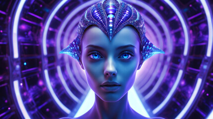 Futuristic portrait of a young woman with vibrant blue eyes and an elaborate headpiece, set against a glowing purple background.