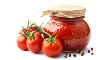 A jar of rich tomato sauce, isolated on a white background with a precise clipping path, emphasizing the fresh and vibrant color.